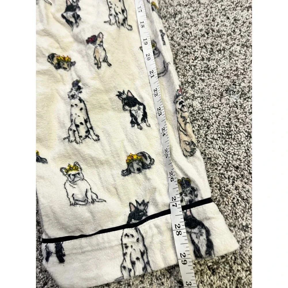 PJ Salvage Women Small Dog Print Flannel Pajama Set Cream Button Front‎ Long